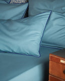 Housse De Couette - Percale De Coton - Bleu Chardin Liseré Bleu Cobalt
