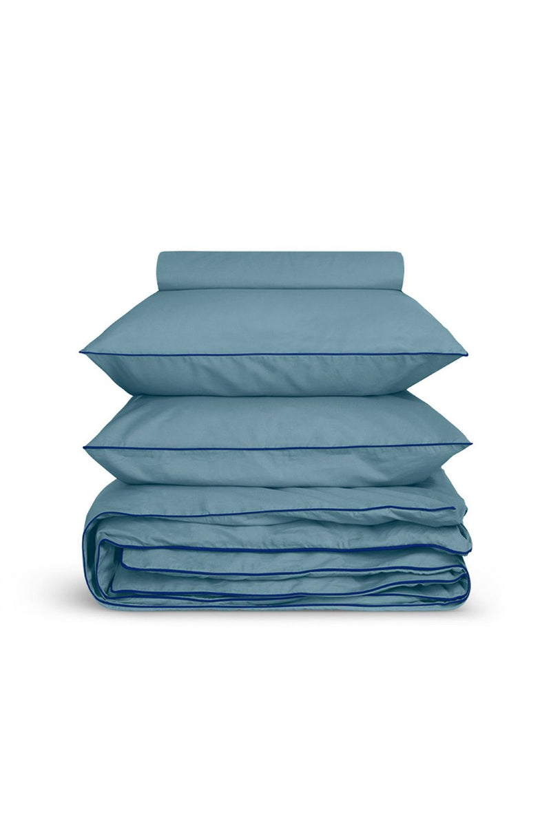 Housse De Couette - Percale De Coton - Bleu Chardin Liseré Bleu Cobalt