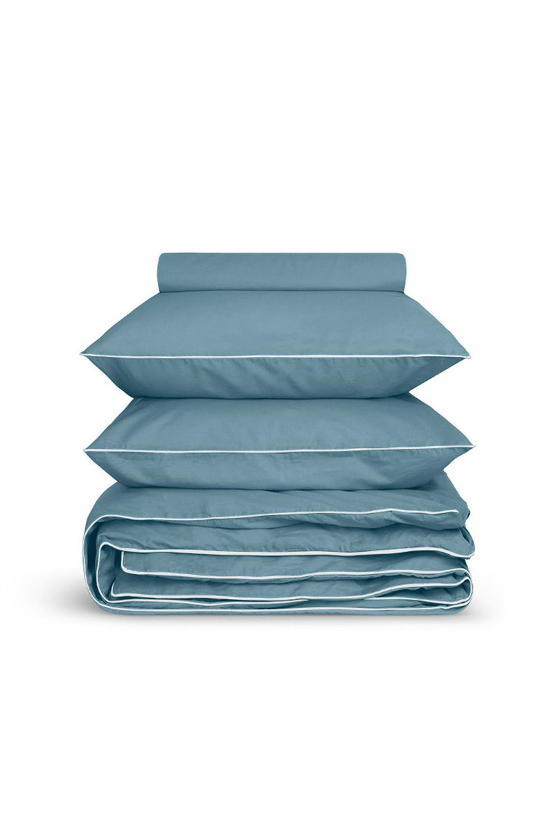 Housse De Couette - Percale De Coton - Bleu Chardin Liseré Blanc