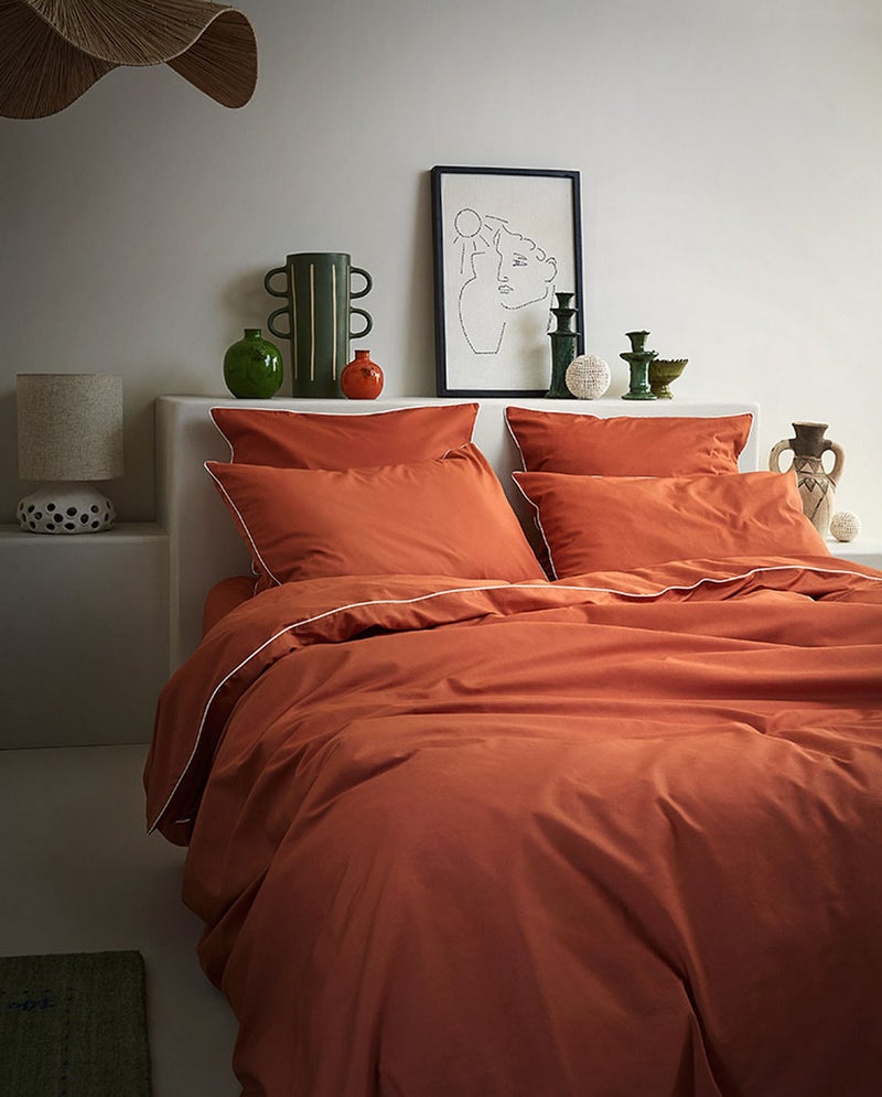 Housse De Couette - Percale De Coton - Terracotta Liseré Blanc