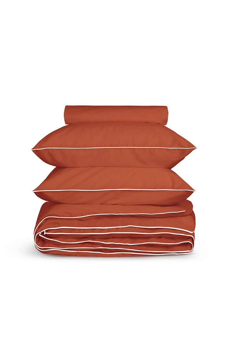 Housse De Couette - Percale De Coton - Terracotta Liseré Blanc