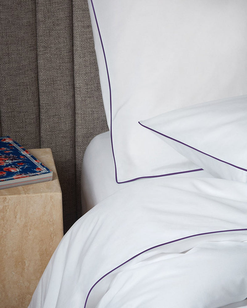 Housse De Couette - Percale De Coton - Blanc Liseré Aubergine