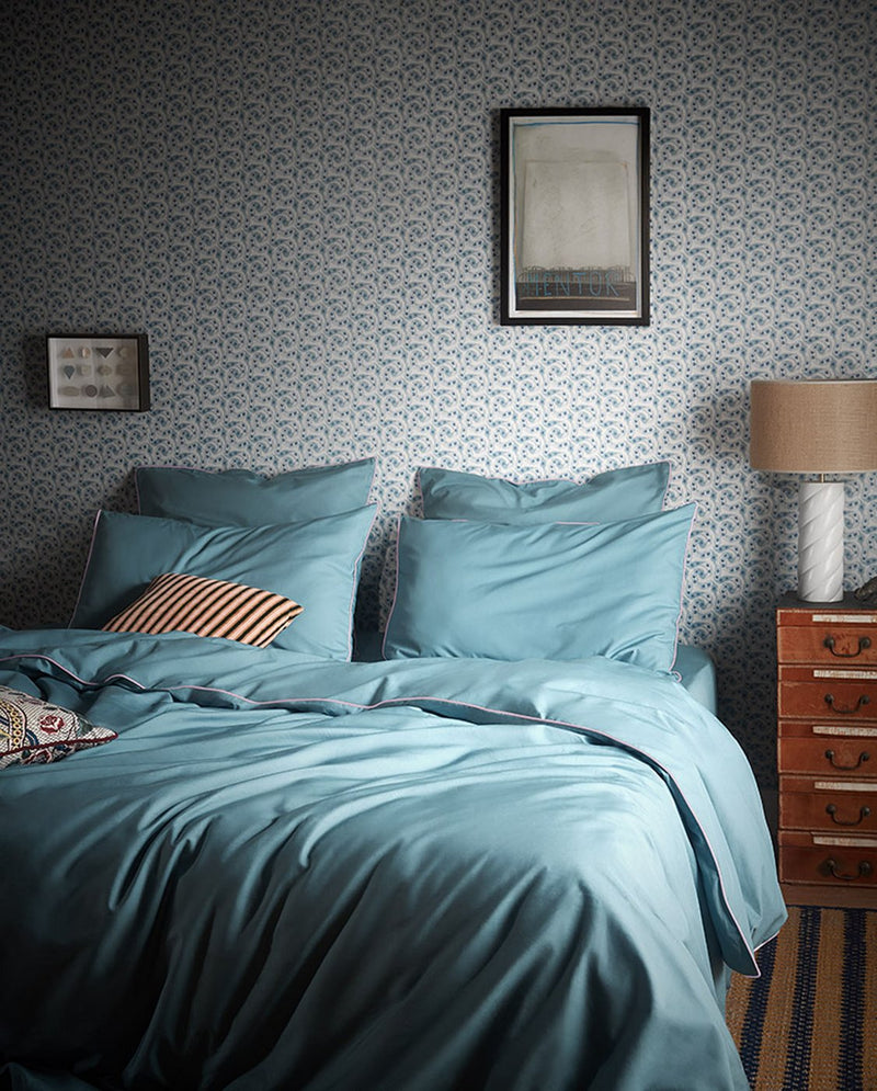 Housse De Couette - Percale De Coton - Bleu Chardin Liseré Rose Nymphe