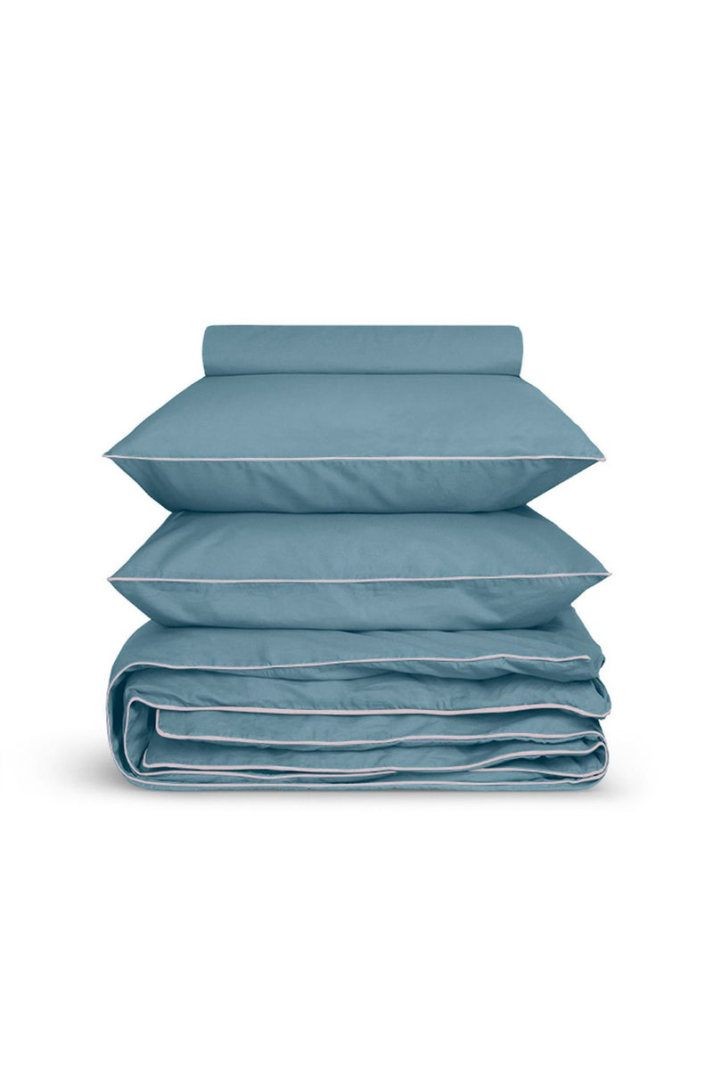Housse De Couette - Percale De Coton - Bleu Chardin Liseré Rose Nymphe