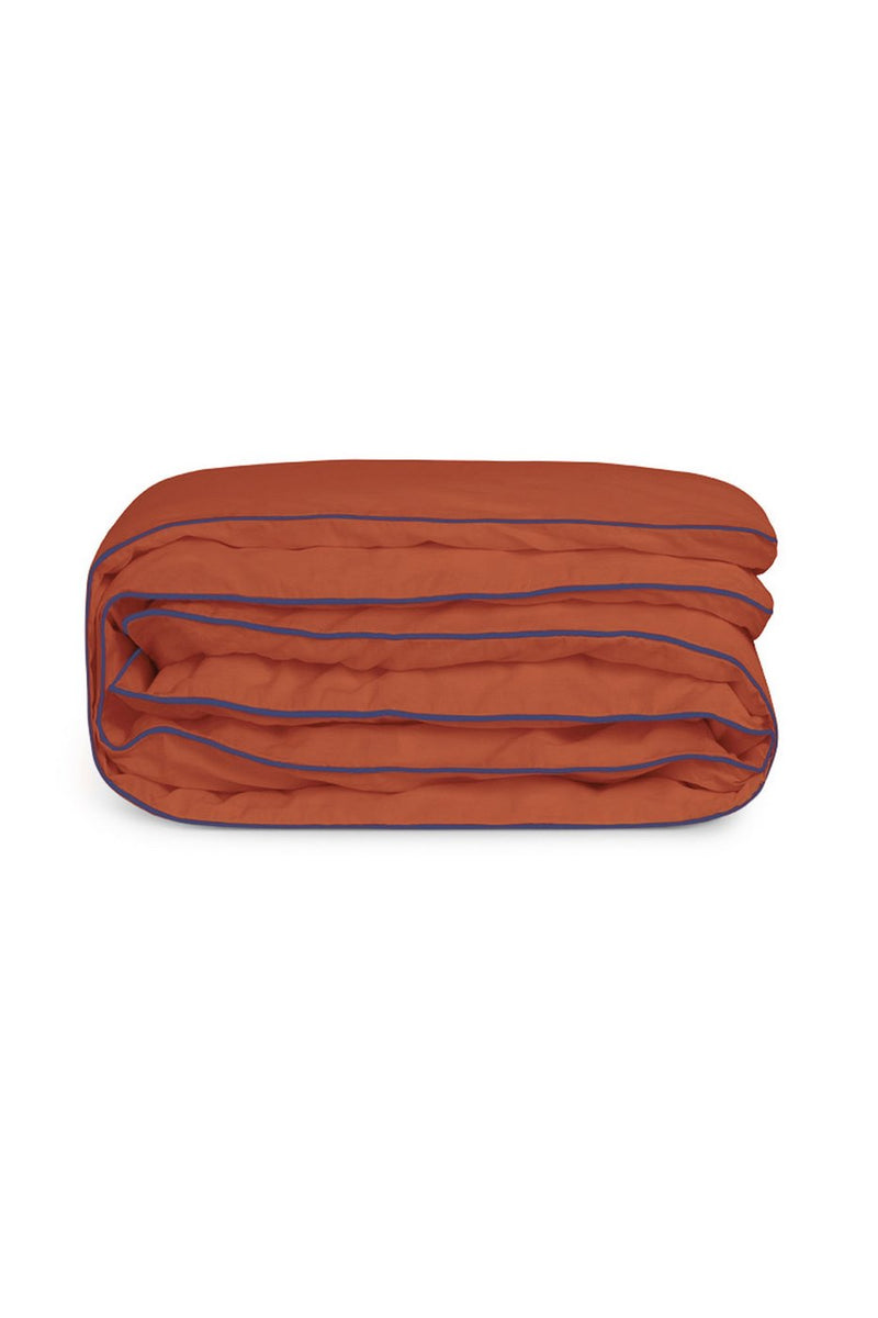 Housse De Couette - Percale De Coton - Terracotta Liseré Bleu Cobalt