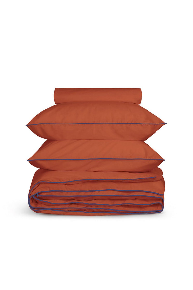 Housse De Couette - Percale De Coton - Terracotta Liseré Bleu Cobalt