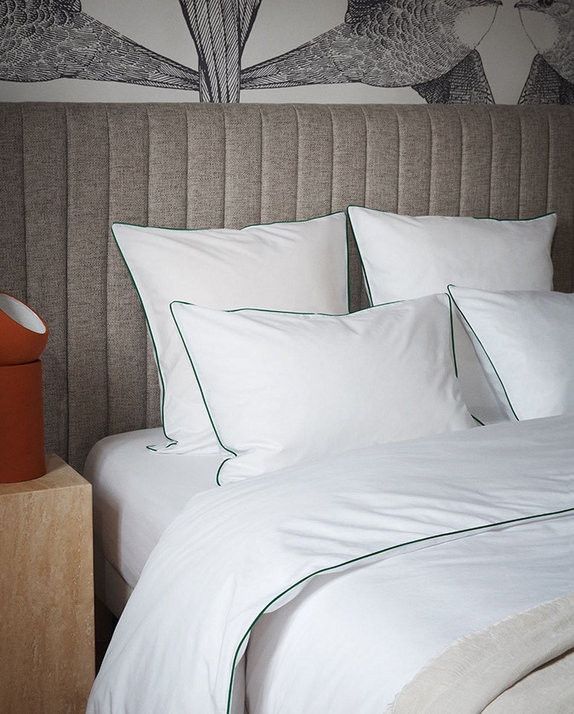 Housse De Couette - Percale De Coton - Blanc Liseré Vert Anglais