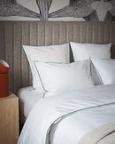 Housse De Couette - Percale De Coton - Blanc Liseré Vert Anglais