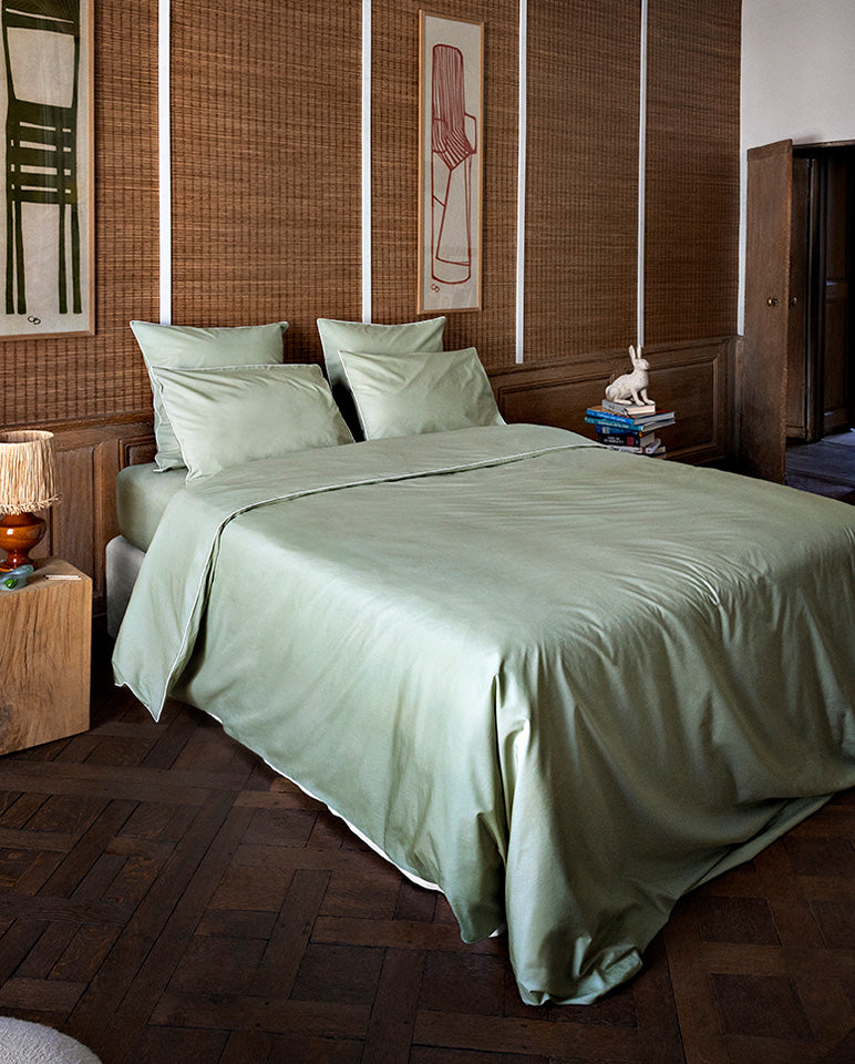 Housse De Couette - Percale De Coton - Vert Amande Liseré Blanc