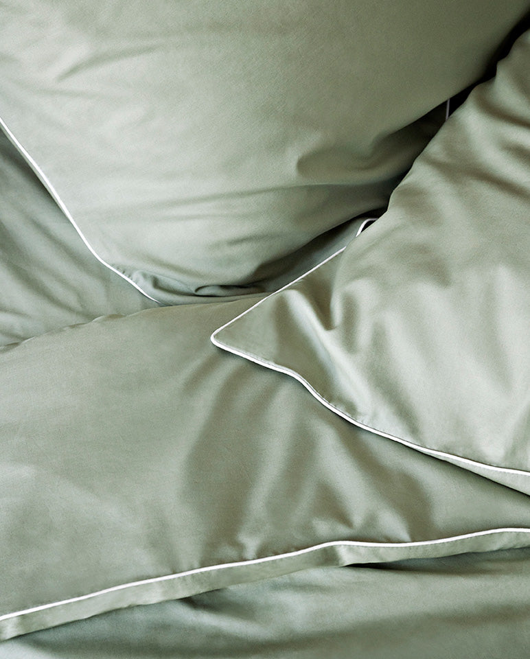 Housse De Couette - Percale De Coton - Vert Amande Liseré Blanc