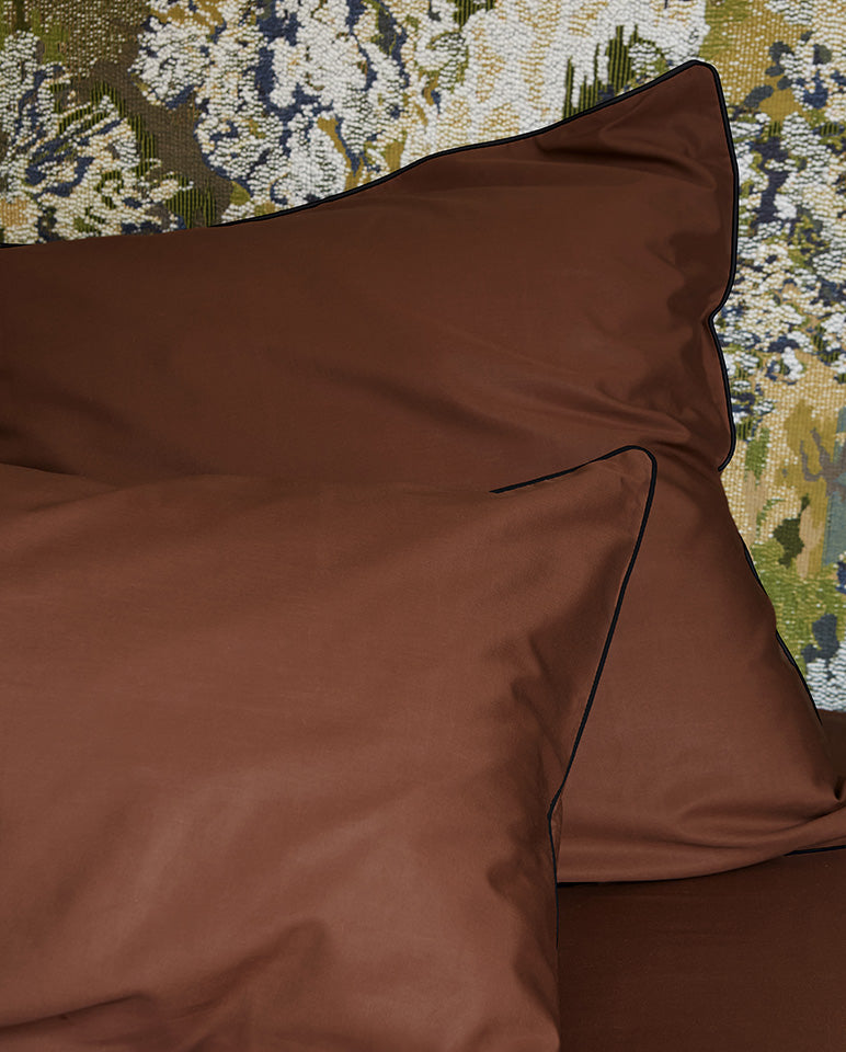 Housse De Couette Percale De Coton - Finition Liseré - Chocolat Liseré Noir