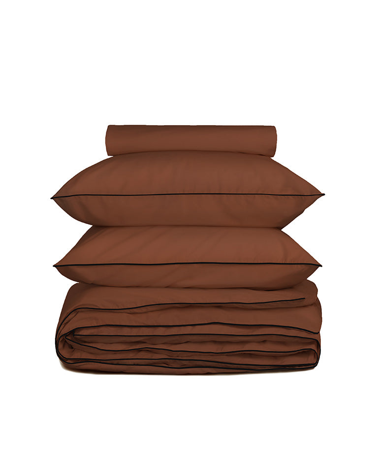 Housse De Couette Percale De Coton - Finition Liseré - Chocolat Liseré Noir