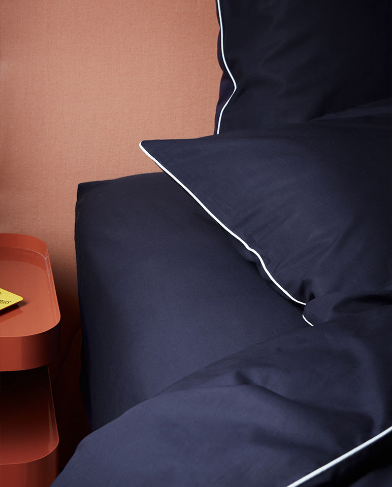 Housse De Couette Percale De Coton - Finition Liseré - Bleu Nuit Liseré Blanc