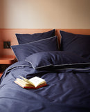 Housse De Couette Percale De Coton - Finition Liseré - Bleu Nuit Liseré Blanc