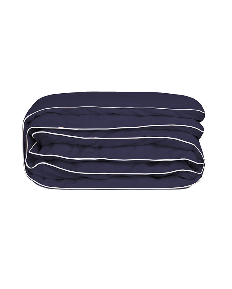 Housse De Couette Percale De Coton - Finition Liseré - Bleu Nuit Liseré Blanc