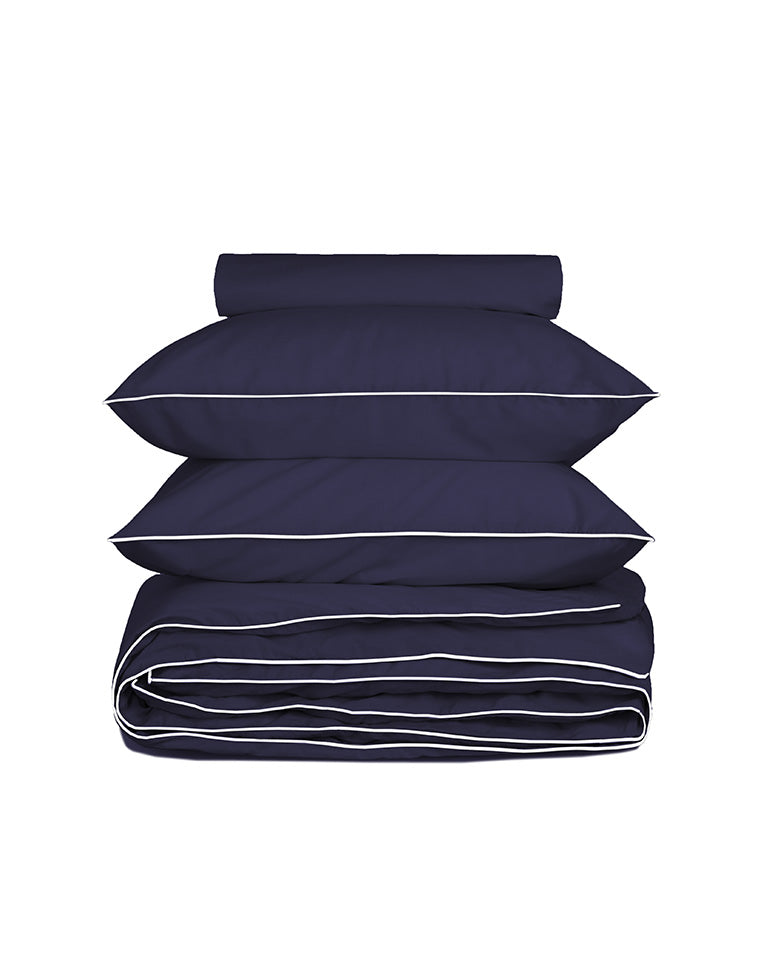 Housse De Couette Percale De Coton - Finition Liseré - Bleu Nuit Liseré Blanc