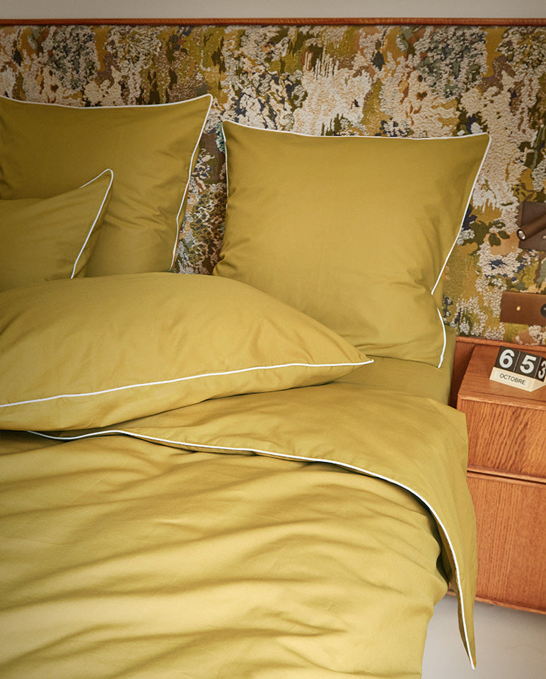 Housse De Couette Percale De Coton - Finition Liseré - Vert Bronze Liseré Blanc