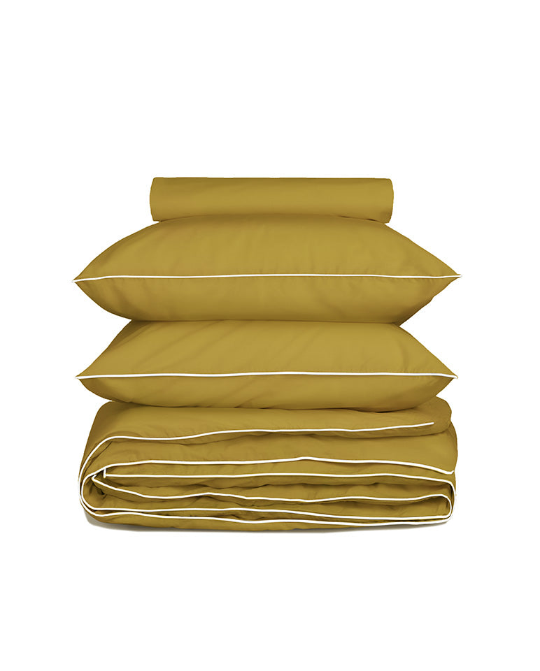 Housse De Couette Percale De Coton - Finition Liseré - Vert Bronze Liseré Blanc