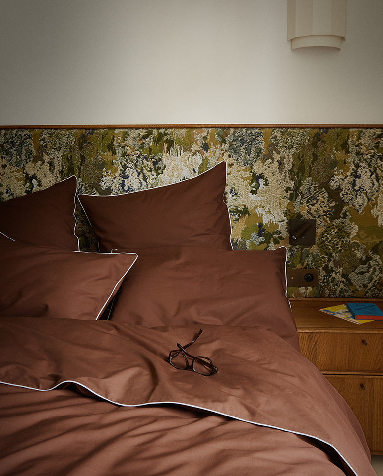 Housse De Couette Percale De Coton - Finition Liseré - Chocolat Liseré Blanc