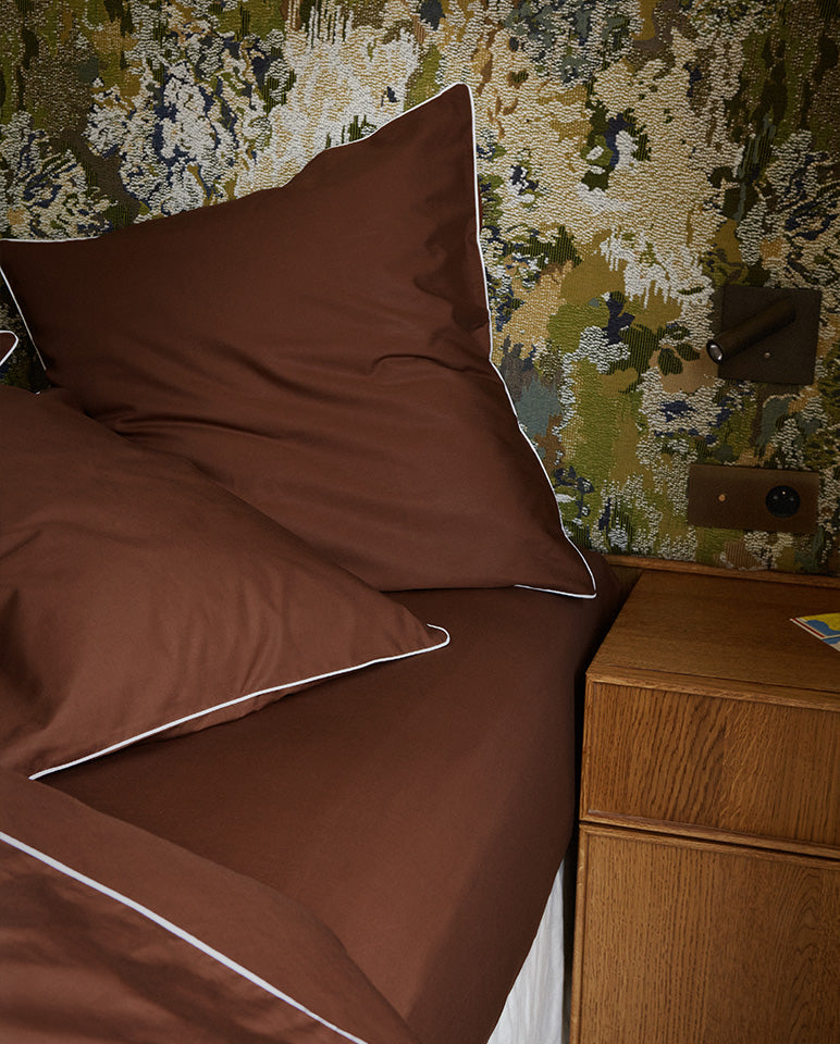 Housse De Couette Percale De Coton - Finition Liseré - Chocolat Liseré Blanc