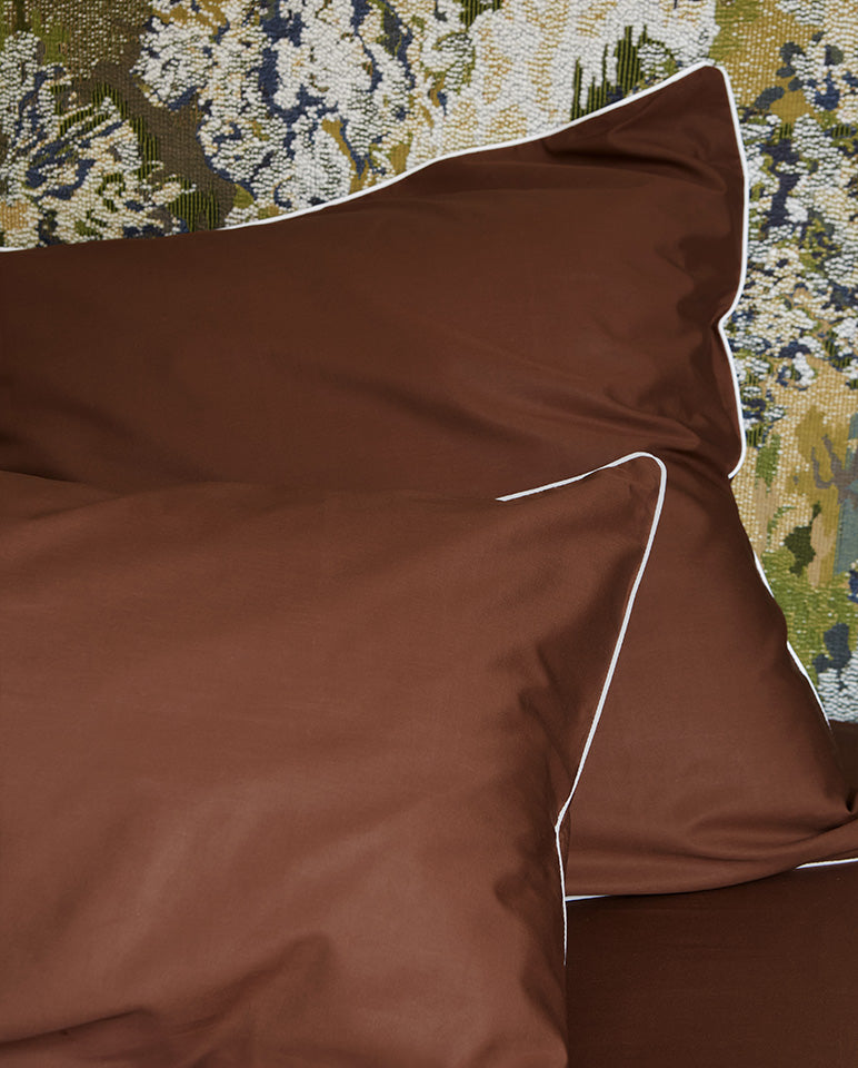 Housse De Couette Percale De Coton - Finition Liseré - Chocolat Liseré Blanc