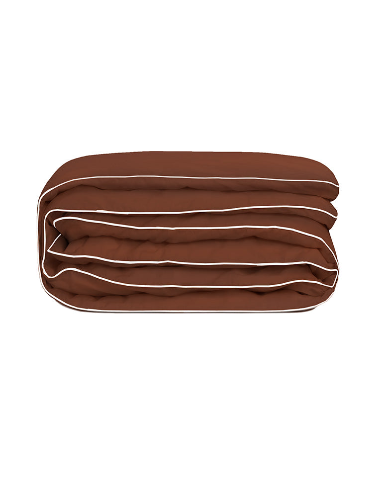 Housse De Couette Percale De Coton - Finition Liseré - Chocolat Liseré Blanc