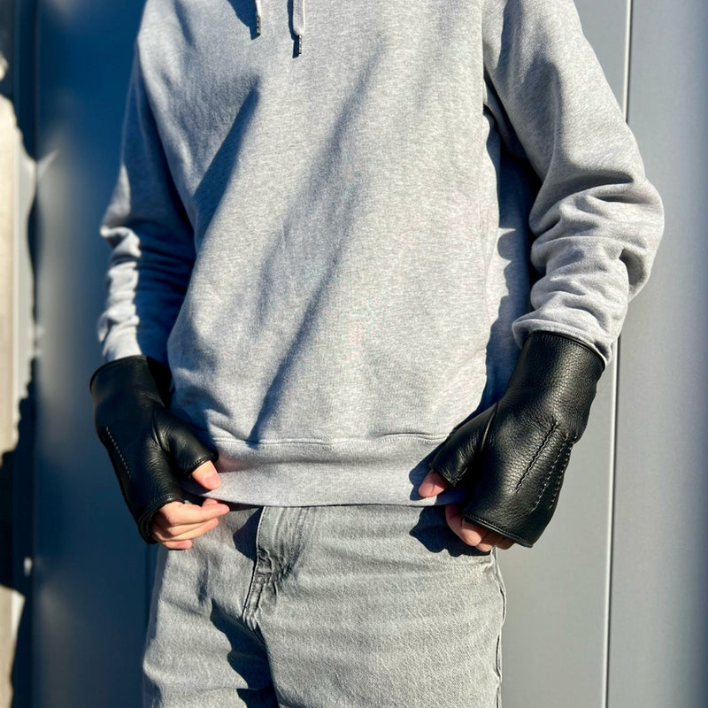 Mitaines Hector Cuir Doublés Lapin - Noir - Homme