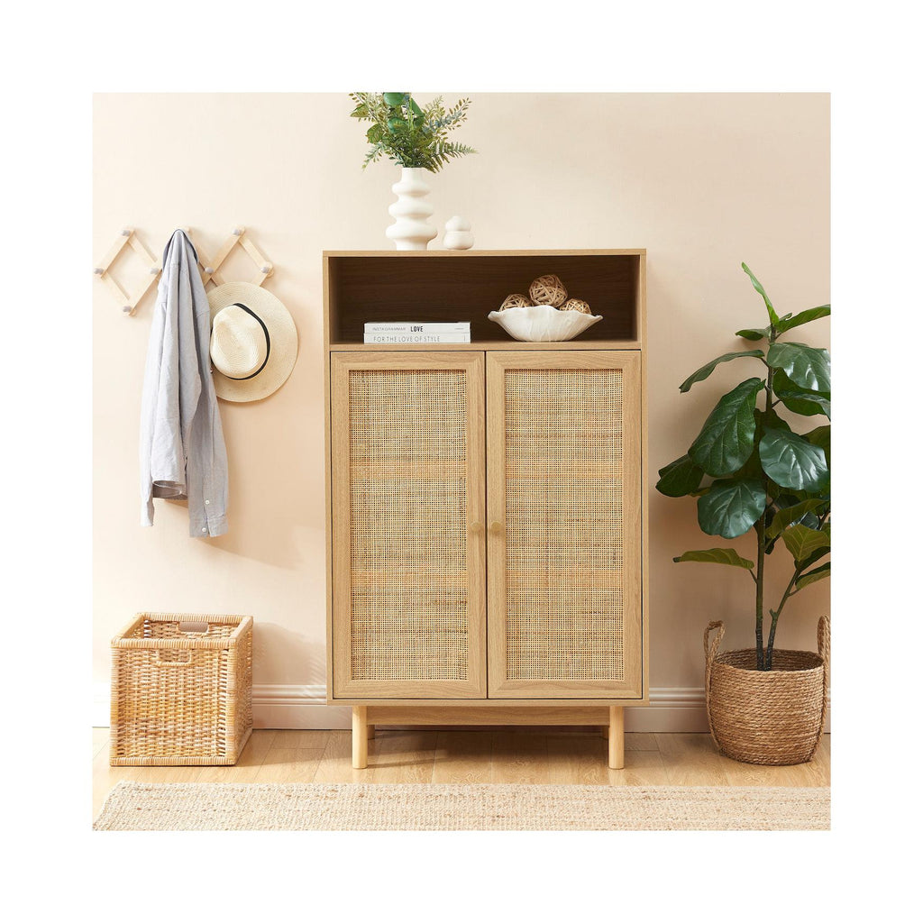 Helena - Aparador de 2 puertas - Efecto roble y rejilla de ratán