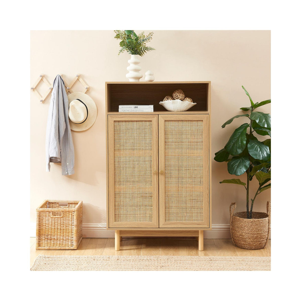 Helena - Aparador de 2 puertas - Efecto roble y rejilla de ratán