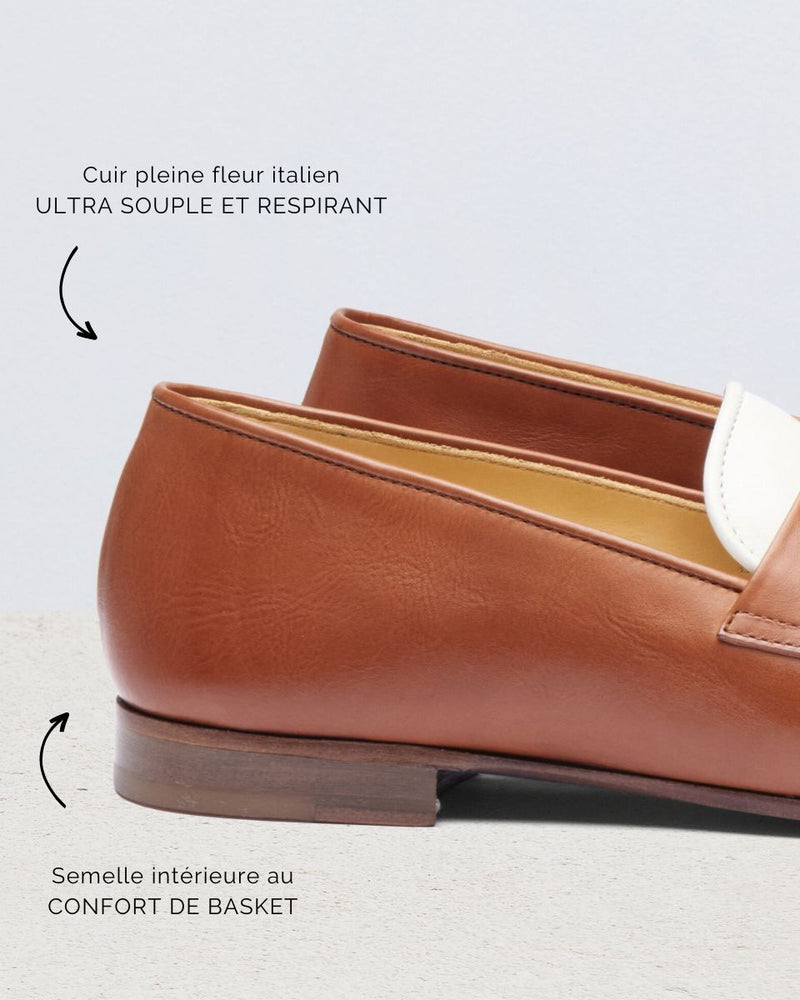 Penny Loafer Héloïse - Cuir Caramel & Blanc - Semelle Cuir - Femme