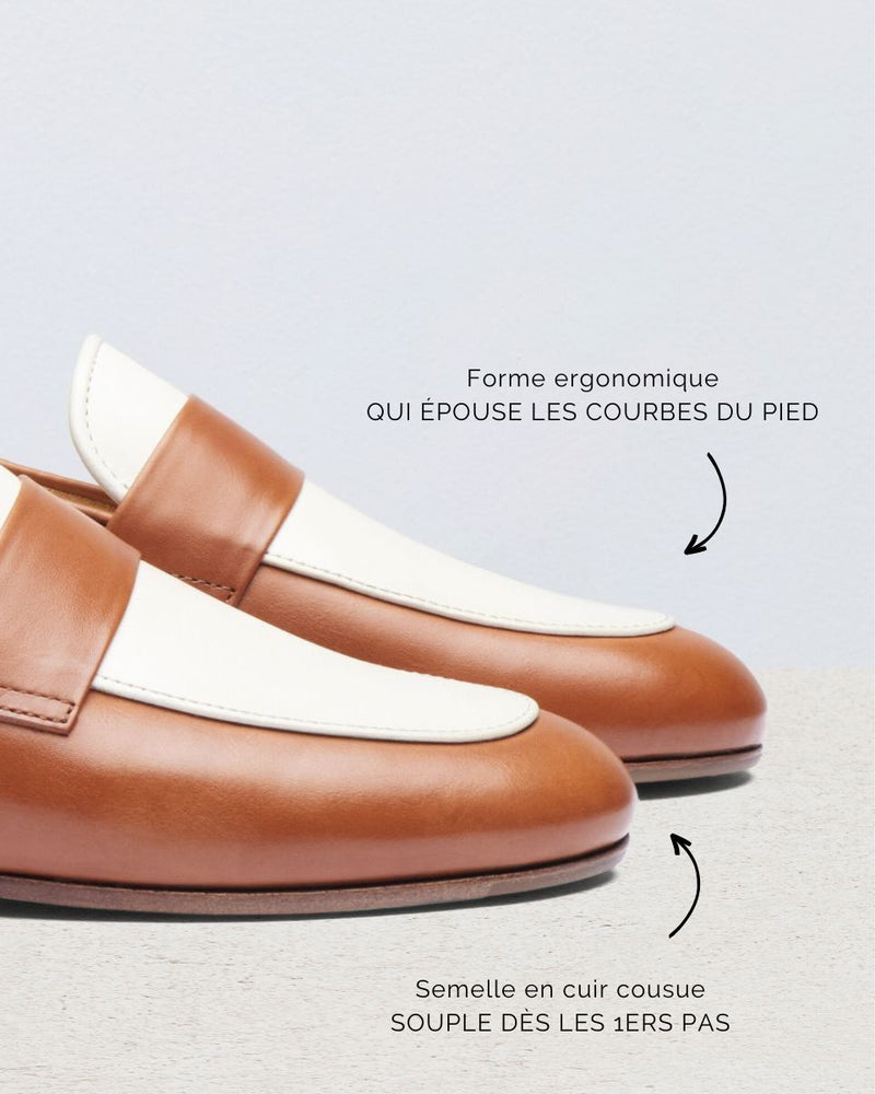 Penny Loafer Héloïse - Cuir Caramel & Blanc - Semelle Cuir - Femme