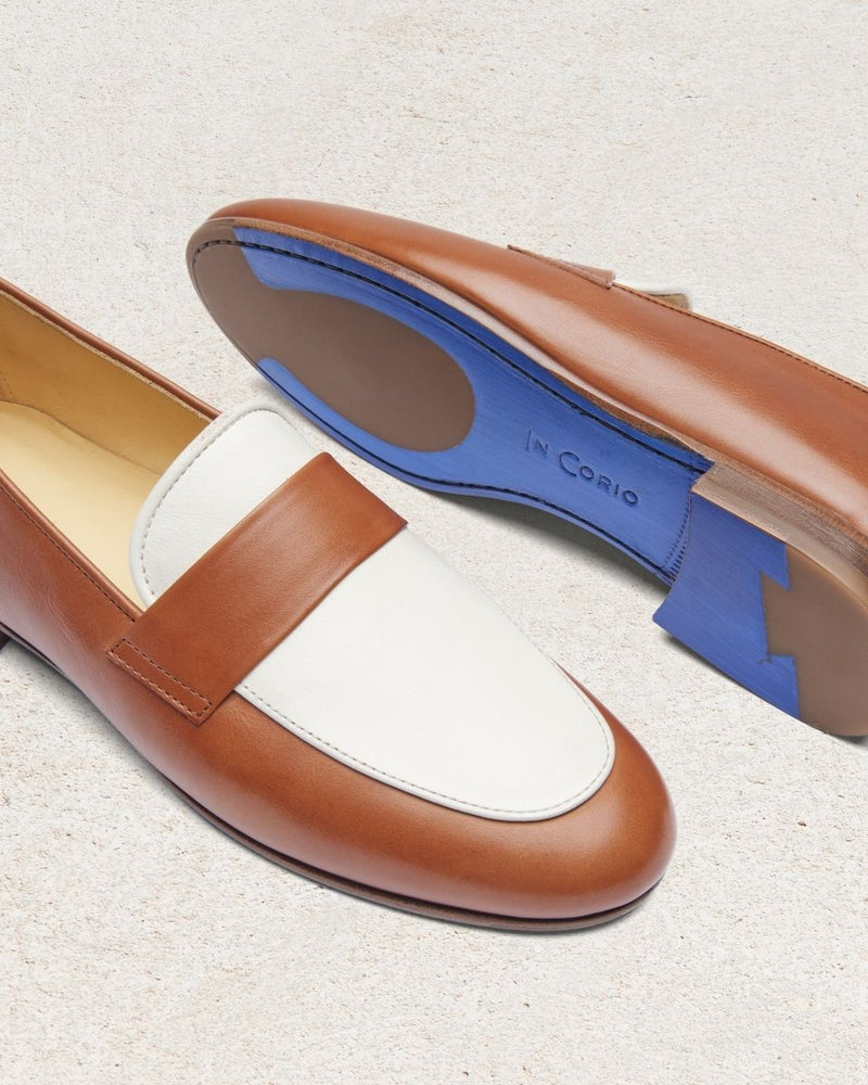 Penny Loafer Héloïse - Cuir Caramel & Blanc - Semelle Cuir - Femme