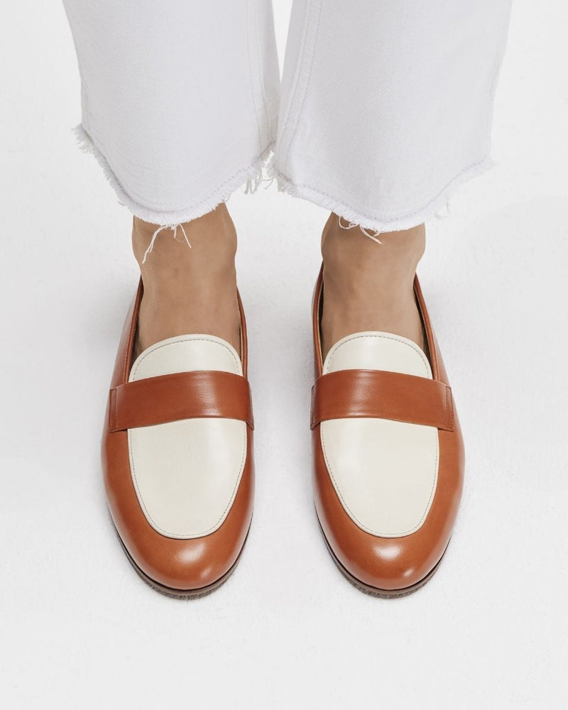 Penny Loafer Héloïse - Cuir Caramel & Blanc - Semelle Cuir - Femme