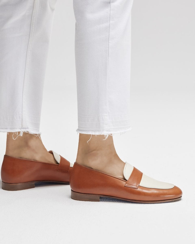 Penny Loafer Héloïse - Cuir Caramel & Blanc - Semelle Cuir - Femme