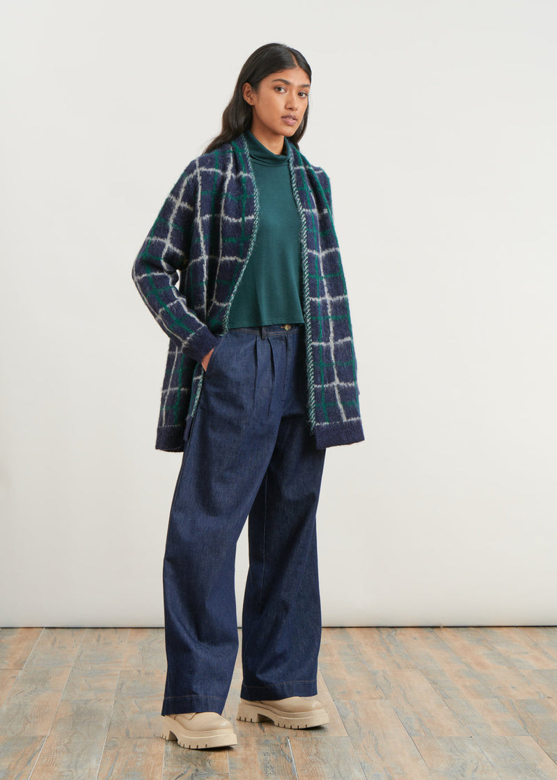 Oversized mohair cardigan with check jacquard - NAVY#couleur_NAVY