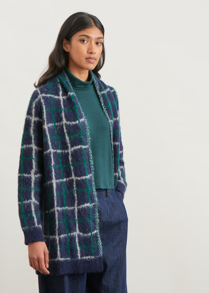 Oversized mohair cardigan with check jacquard - NAVY#couleur_NAVY