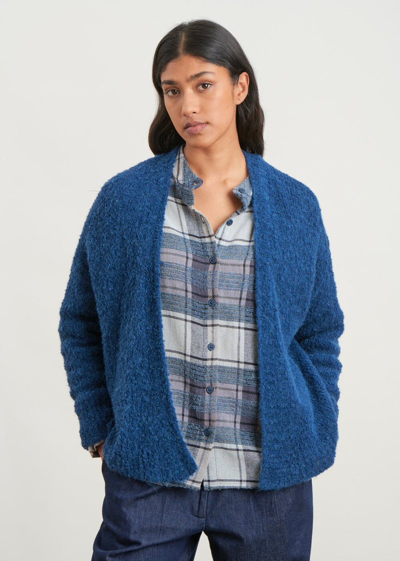 Long-sleeved bouclette knit cardigan - NAVY#couleur_NAVY