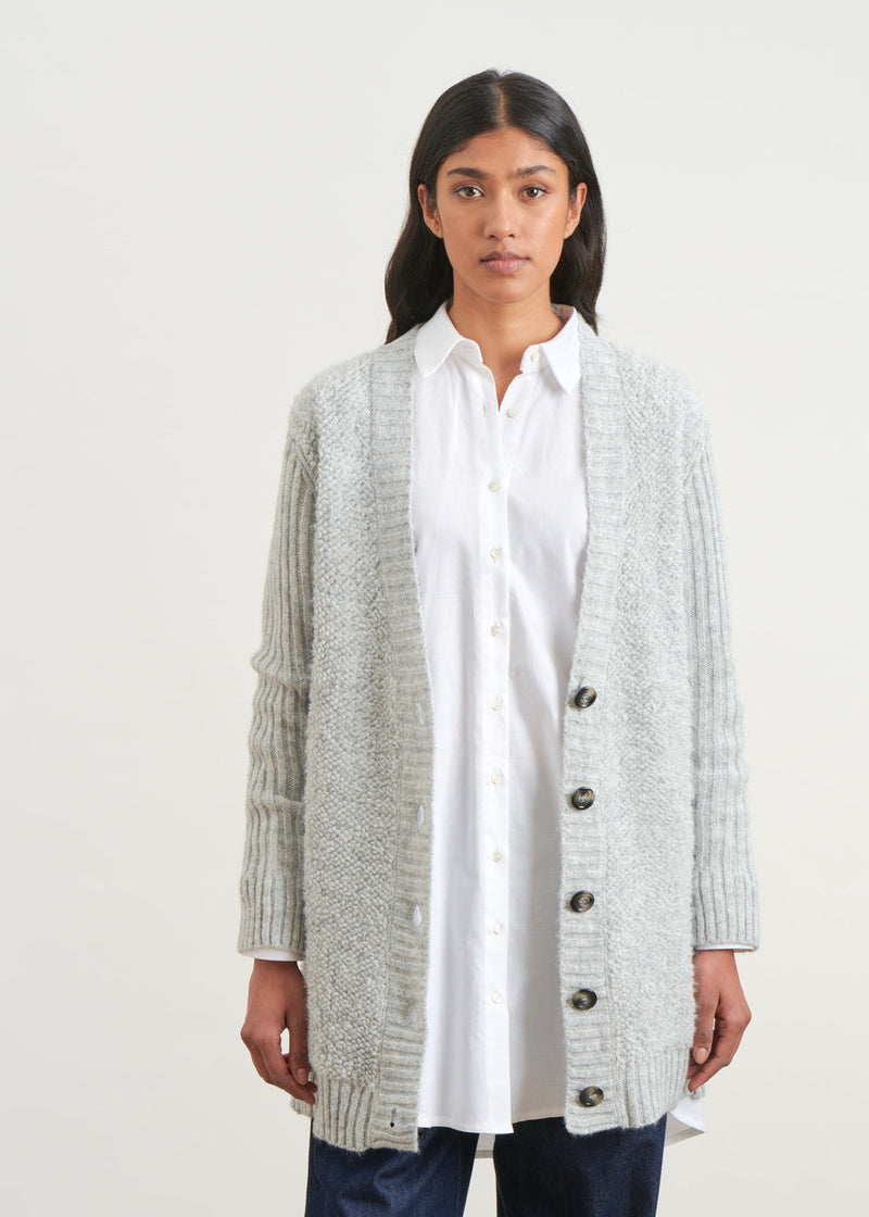 Long bouclette knit cardigan - GREY#couleur_GRIS