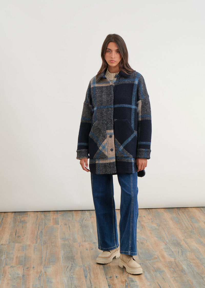 Long jacket with large check - JEAN#couleur_JEAN