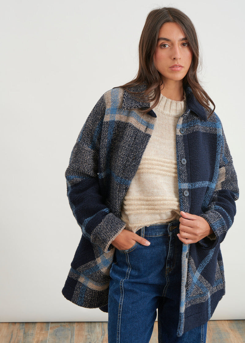 Long jacket with large check - JEAN#couleur_JEAN