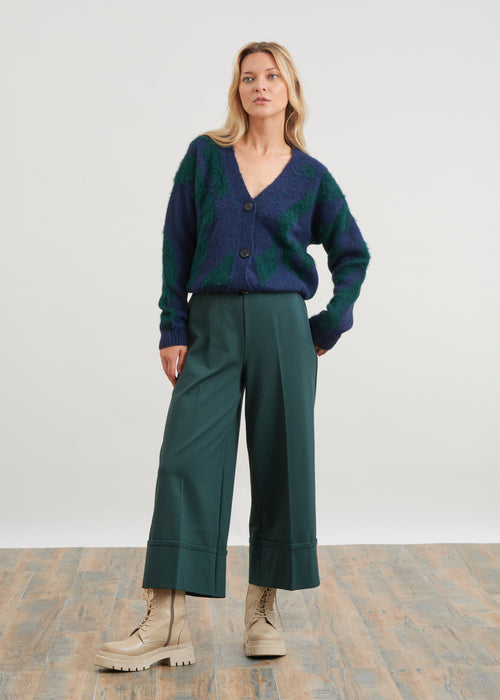 Wide-leg pants in milano jersey with large 7/8th cuffs - VERT BOUTEILLE#couleur_VERT BOUTEILLE