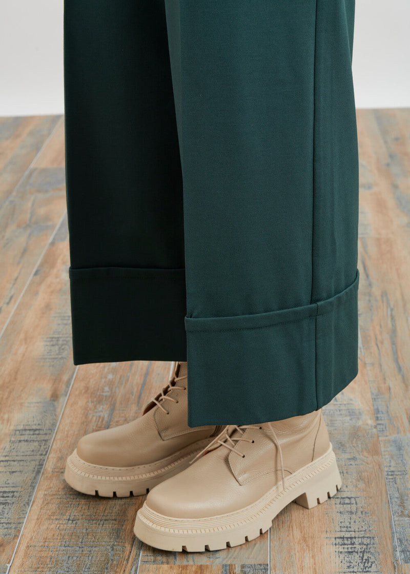 Wide-leg pants in milano jersey with large 7/8th cuffs - VERT BOUTEILLE#couleur_VERT BOUTEILLE