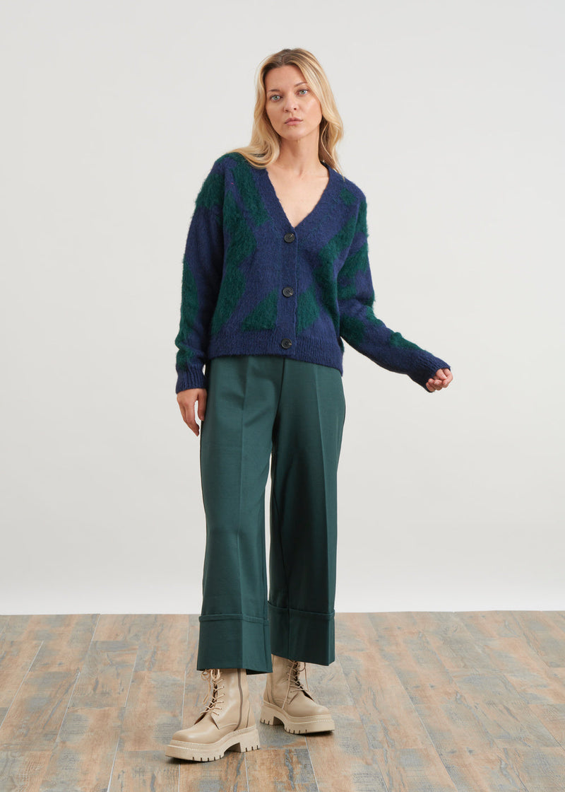 Wide-leg pants in milano jersey with large 7/8th cuffs - VERT BOUTEILLE#couleur_VERT BOUTEILLE