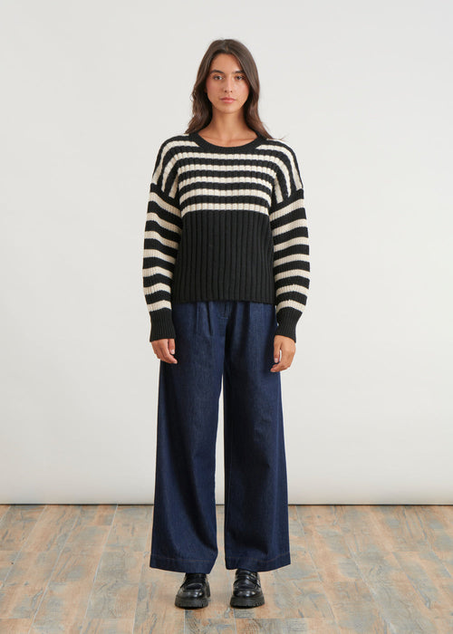 Ribbed sweater with uneven stripes - BLACK#couleur_NOIR