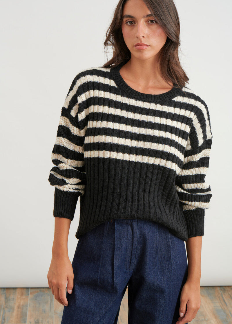 Ribbed sweater with uneven stripes - BLACK#couleur_NOIR