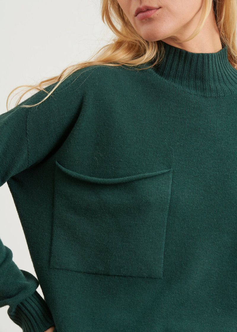 High neck sweater with chest pocket - VERT BOUTEILLE#couleur_VERT BOUTEILLE