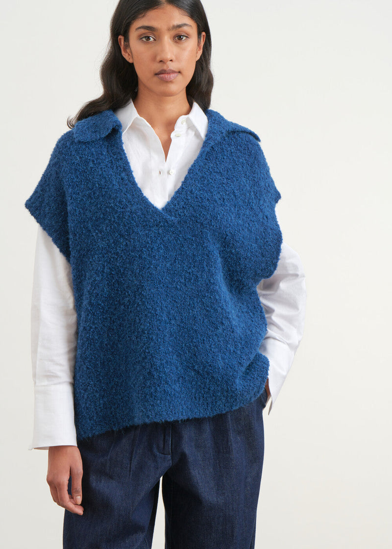 Pull sans manches en maille bouclette - NAVY#couleur_NAVY