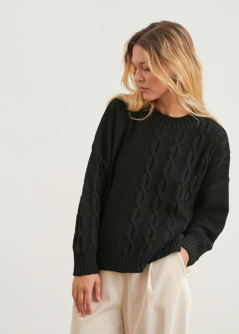 Pull col rond à torsades - NOIR#couleur_NOIR