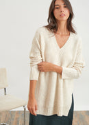 Long V-neck knitted sweater - ECRU#couleur_ECRU