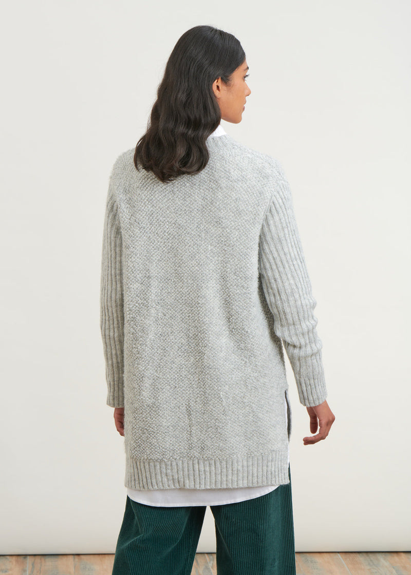 Pull long col V en maille bouclette - GRIS#couleur_GRIS